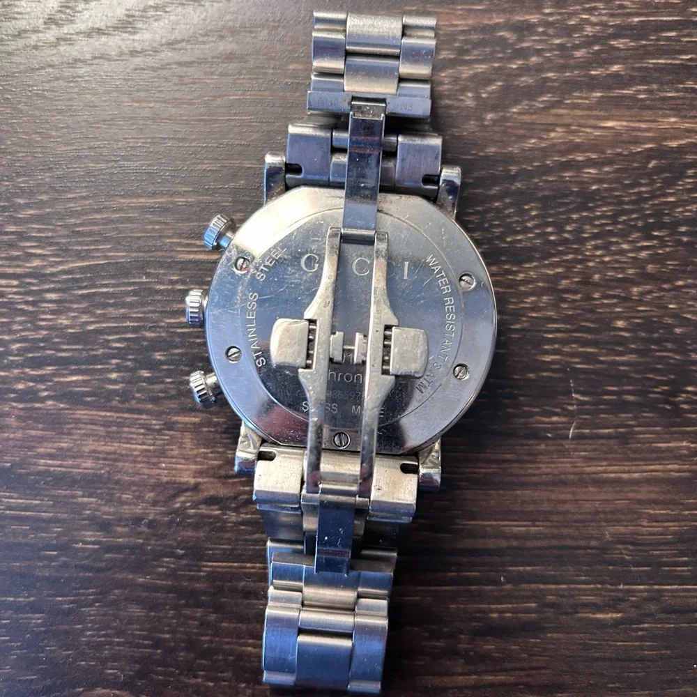 Gucci Stainless Steel Watch with Black Dial and Red Accents